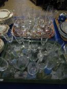 TWO TRAYS MIXED MODERN GLASS WARES, CHAMPAGNE FLUTES ETC
