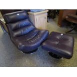 MODERN AUBERGINE LEATHER RETRO STYLE CHAIR AND MATCHING FOOTSTOOL
