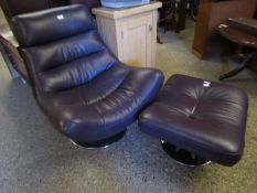 MODERN AUBERGINE LEATHER RETRO STYLE CHAIR AND MATCHING FOOTSTOOL