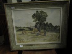 LOUIS FERRARI, SIGNED AND DATED 4/7/56, OIL ON CANVAS, FRENCH HAY FIELD WITH WORKERS, 45 X 60CMS