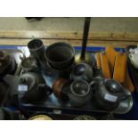 TRAY OF MIXED PEWTER WARES, TANKARDS, BRUSH SET ETC