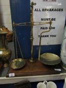 SET OF VICTORIAN BRASS BEAM SCALES ON A MAHOGANY PLINTH