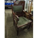 MAHOGANY FRAMED ARMCHAIR WITH GREEN DRALON UPHOLSTERED SEAT AND BACK WITH SPINDLE DETAIL ON TURNED