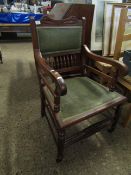 MAHOGANY FRAMED ARMCHAIR WITH GREEN DRALON UPHOLSTERED SEAT AND BACK WITH SPINDLE DETAIL ON TURNED