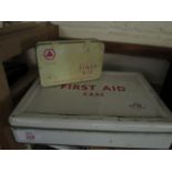 VINTAGE FIRST AID CASE AND TIN BOTH CONTAINING ORIGINAL CONTENTS, 28 AND 14CM LONG (2)