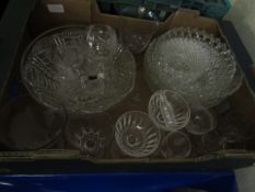 BOX OF CUT GLASS BOWLS, MIXED GLASS WARES ETC