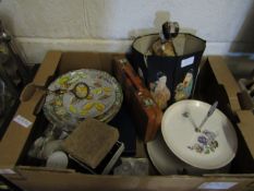 BOX CONTAINING CAKE DISHES, ORIENTAL FIGURE ETC