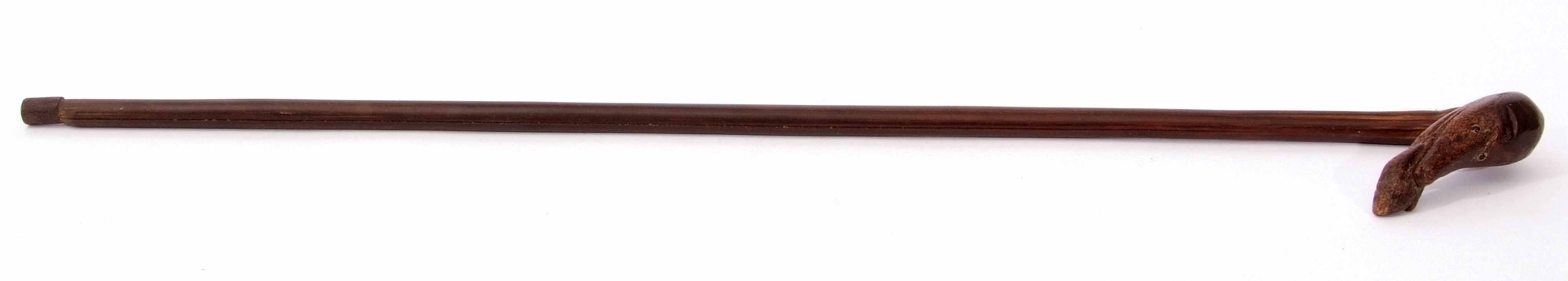 Bamboo walking cane with plain tapering shaft with steel ferrule and integral carved handle of a