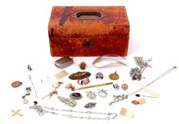 Victorian leather jewel box containing costume jewellery to include silver plated Victorian vesta of