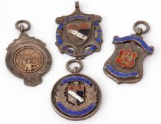 Mixed Lot: two silver and enamel fob/pendants, a sterling and enamel example together with a