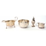 Mixed Lot: comprising plain polished circular sugar bowl together with sauce boat with cast and