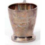George VI christening mug of polished cylindrical form with later presentation inscription,