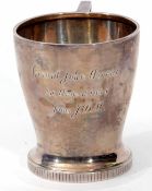 George VI christening mug of polished cylindrical form with later presentation inscription,