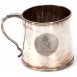 George VI Coronation mug of polished cylindrical form with applied side handle, reeded rim and