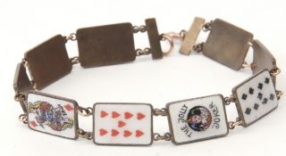 Vintage gilt metal and glass enamelled "playing card" bracelet, the rectangular shaped links include