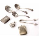 Mixed Lot: electro plated items including three various sifter spoons, sugar tongs, sovereign case