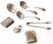 Mixed Lot: electro plated items including three various sifter spoons, sugar tongs, sovereign case