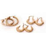 Large pair of 9Kt stamped rope twist earrings, together with two pairs of 9ct gold hoop earrings,