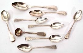 Mixed Lot: comprising five George III bright cut Old English pattern tea spoons, initialled,