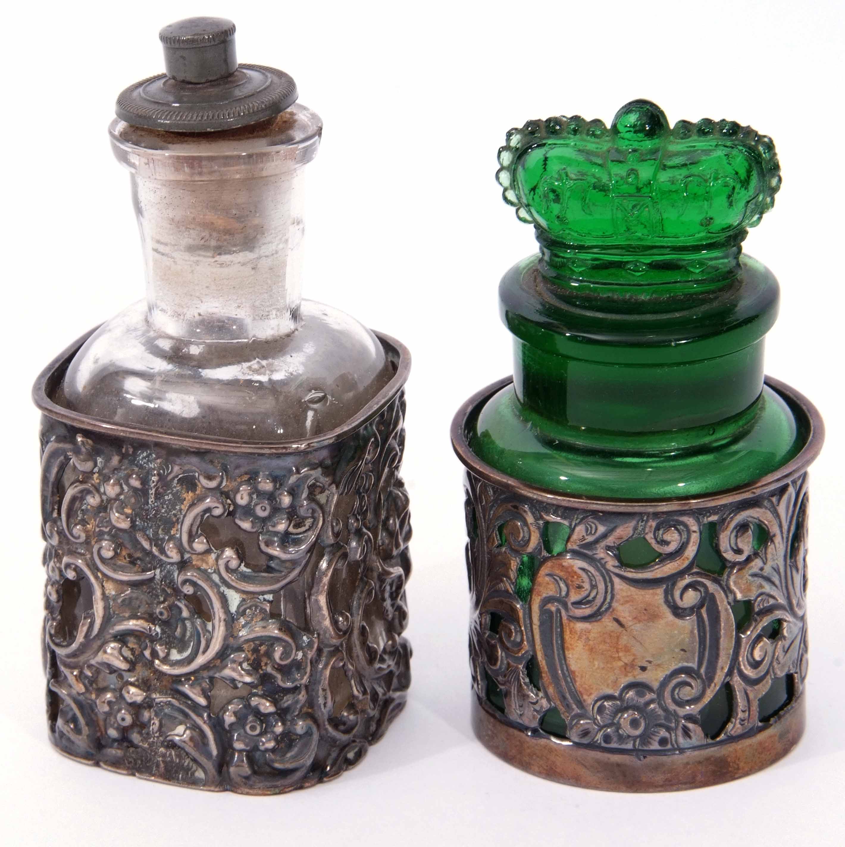 Mixed Lot: comprising a silver mounted and clear glass toiletry bottle with base metal stopper to