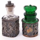 Mixed Lot: comprising a silver mounted and clear glass toiletry bottle with base metal stopper to