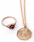 Mixed Lot: 9ct gold St Christopher of octagonal form suspended from a 9ct gold chain, 6.4gms,