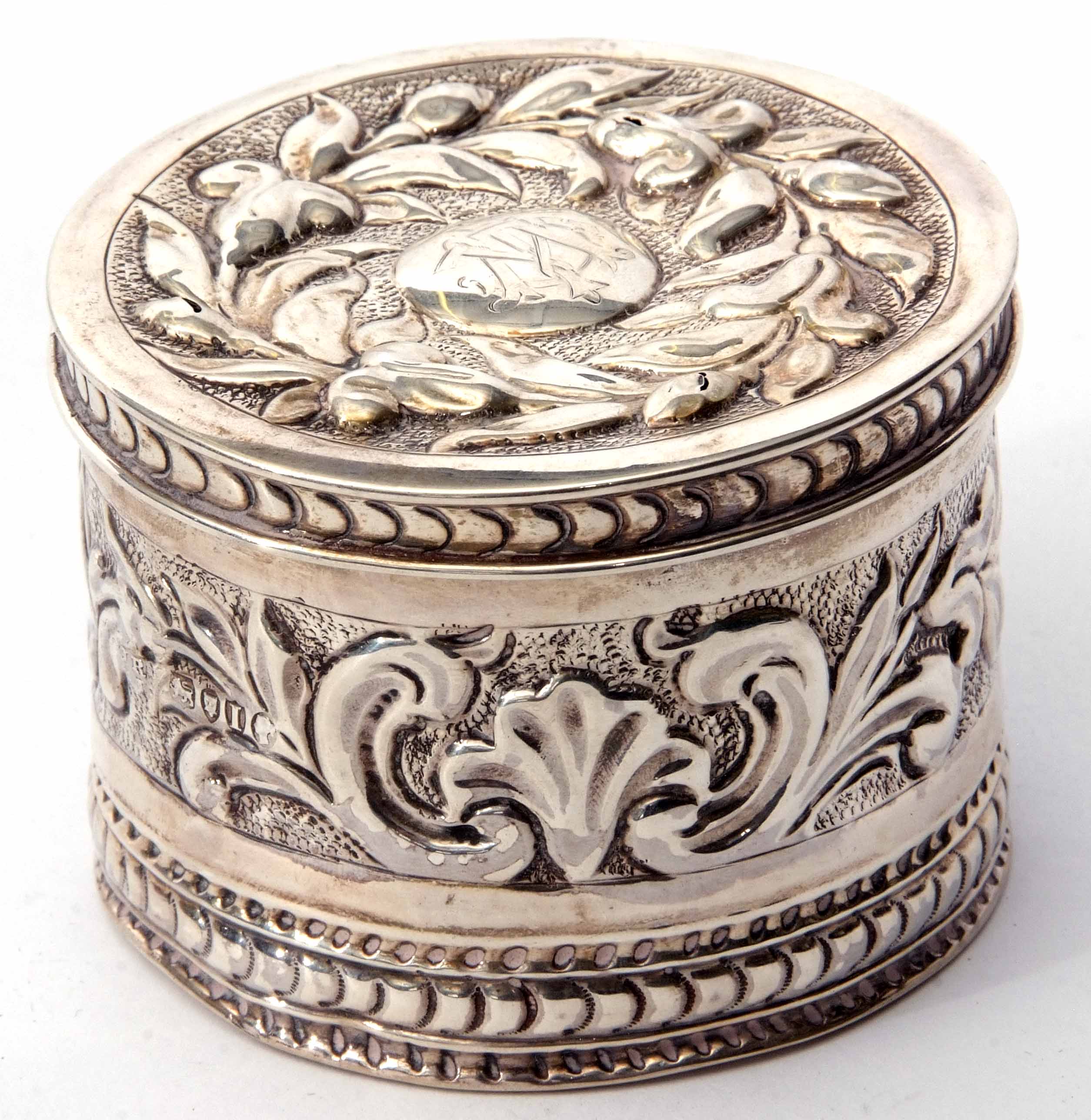 Victorian cylindrical dressing table canister, the pull off cover with embossed floral and foliate