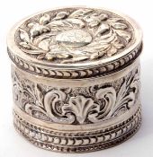 Victorian cylindrical dressing table canister, the pull off cover with embossed floral and foliate