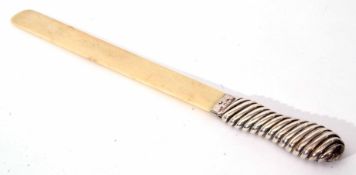 Late Victorian silver mounted ivory paper knife, the plain polished blade to a waisted and reeded