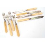 Victorian part fish service comprising four each knives and forks, each with engraved blades and