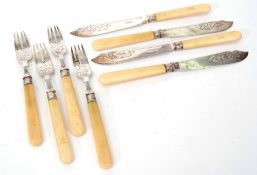 Victorian part fish service comprising four each knives and forks, each with engraved blades and