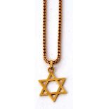 Star of David pendant stamped 750, suspended from a mid-grade yellow metal box link chain, 7.2gms