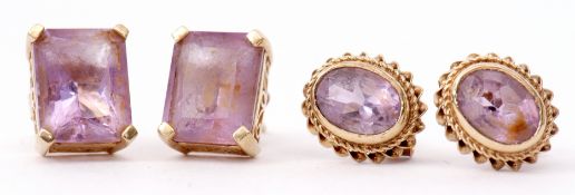 Mixed Lot: pair of 9K stamped amethyst earrings of rectangular shape together with an oval shaped