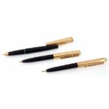 Late 20th century cased Mont Blanc three piece pen set, the fabric lined black and brushed aluminium