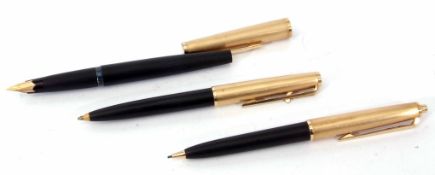 Late 20th century cased Mont Blanc three piece pen set, the fabric lined black and brushed aluminium