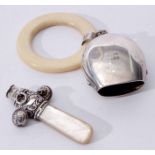 Mixed Lot: comprising George V silver and ivory child's teething ring mounted with cow bell type