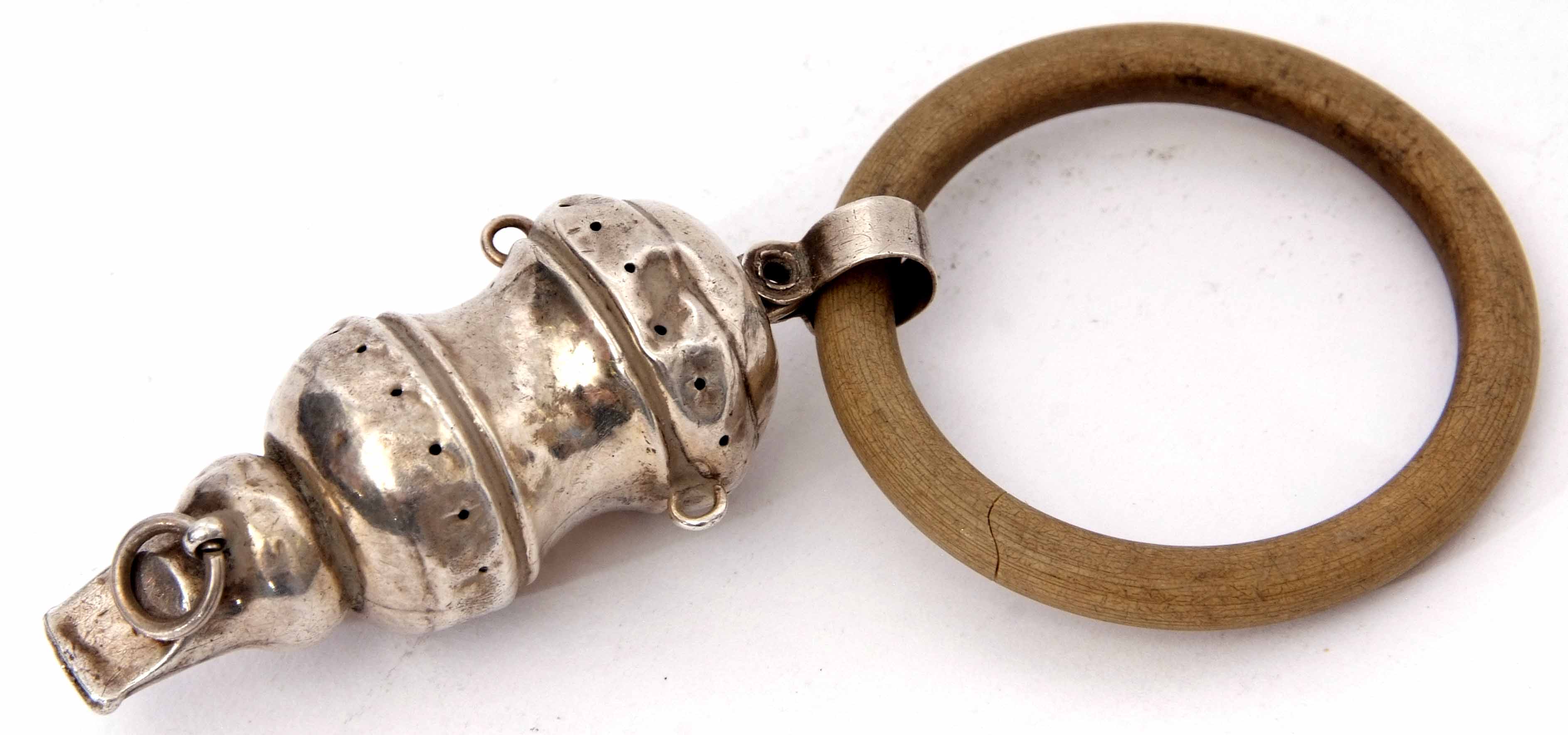 Early 20th century silver and composite combination child's rattle/teether, the waisted body (