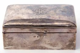 Late Victorian silver mounted table cigarette box of rectangular form, the hinged and domed cover