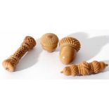 Mixed Lot: comprising two various vegetable ivory thimble cases, one containing a base metal thimble