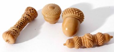 Mixed Lot: comprising two various vegetable ivory thimble cases, one containing a base metal thimble