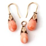 Mixed lot: Pair of vintage coral drop earrings in yellow metal caps on shepherd hook fittings,