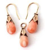 Mixed lot: Pair of vintage coral drop earrings in yellow metal caps on shepherd hook fittings,