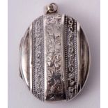 Antique oval plated locket of ribbon design, chased and engraved detail, 4.5 x 3.5cm