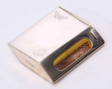 George V matchbox cover of polished rectangular angled form with ring suspension and two striker