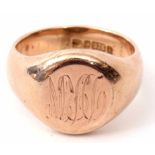 Large 9ct gold signet ring, the circular panel with engraved initials, hallmarked Chester 1893, 15.