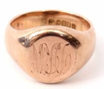 Large 9ct gold signet ring, the circular panel with engraved initials, hallmarked Chester 1893, 15.