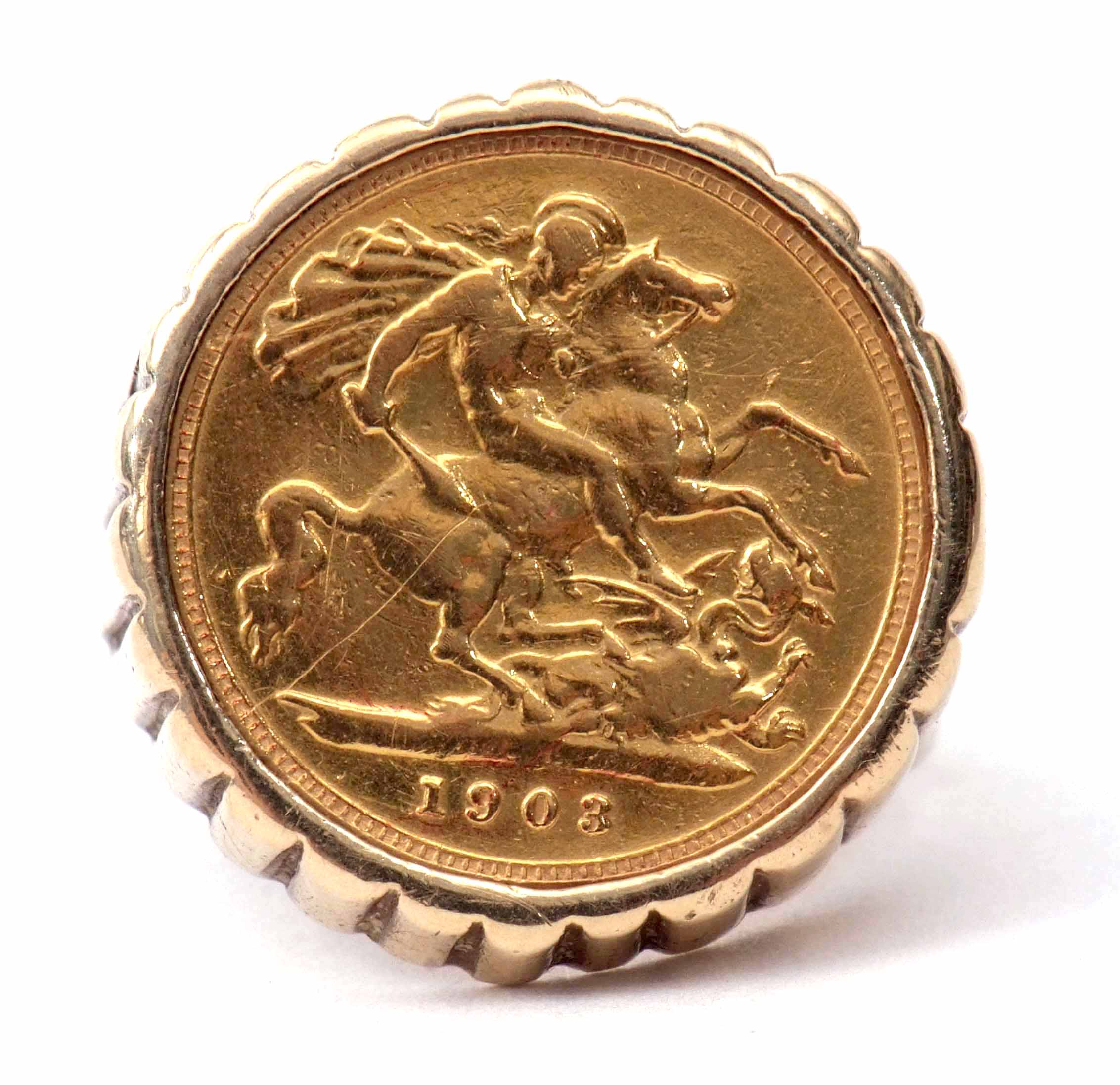 Edward VII half-sovereign dated 1903, mounted in a 9ct stamped textured mount, 12gms gross weight,