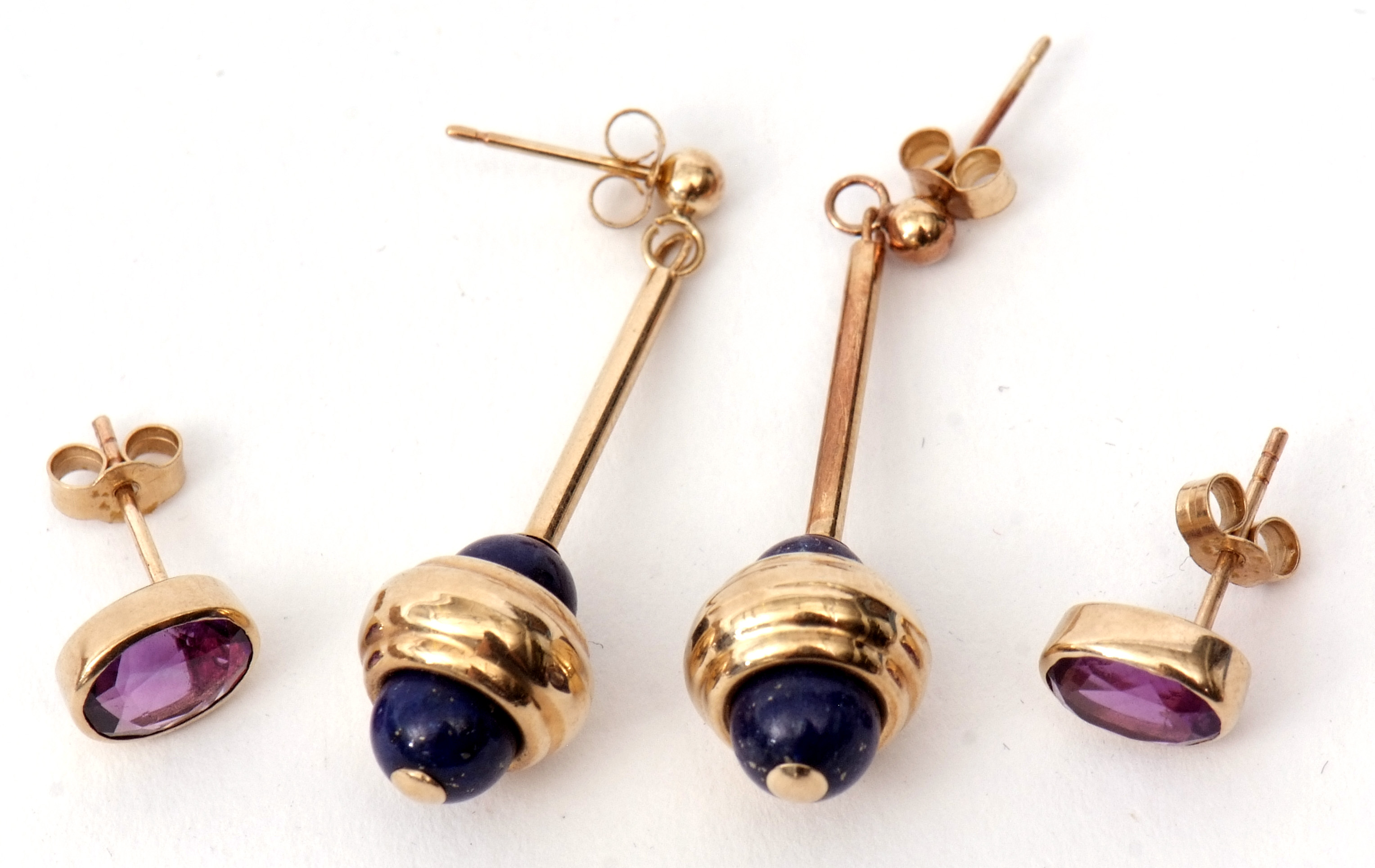Mixed Lot: pair of amethyst oval shaped faceted earrings with post fittings stamped 375, together