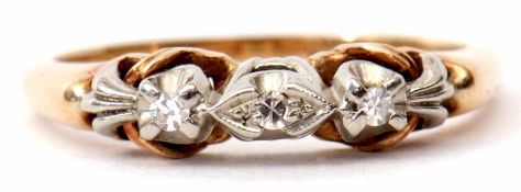 Three stone small diamond ring featuring three single cut diamonds, stamped 14K - 18K, size M