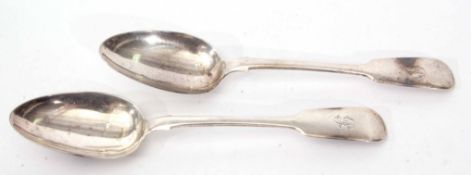 Two Victorian Fiddle pattern table spoons initialled, length 22cm, combined weight approx 152gms,